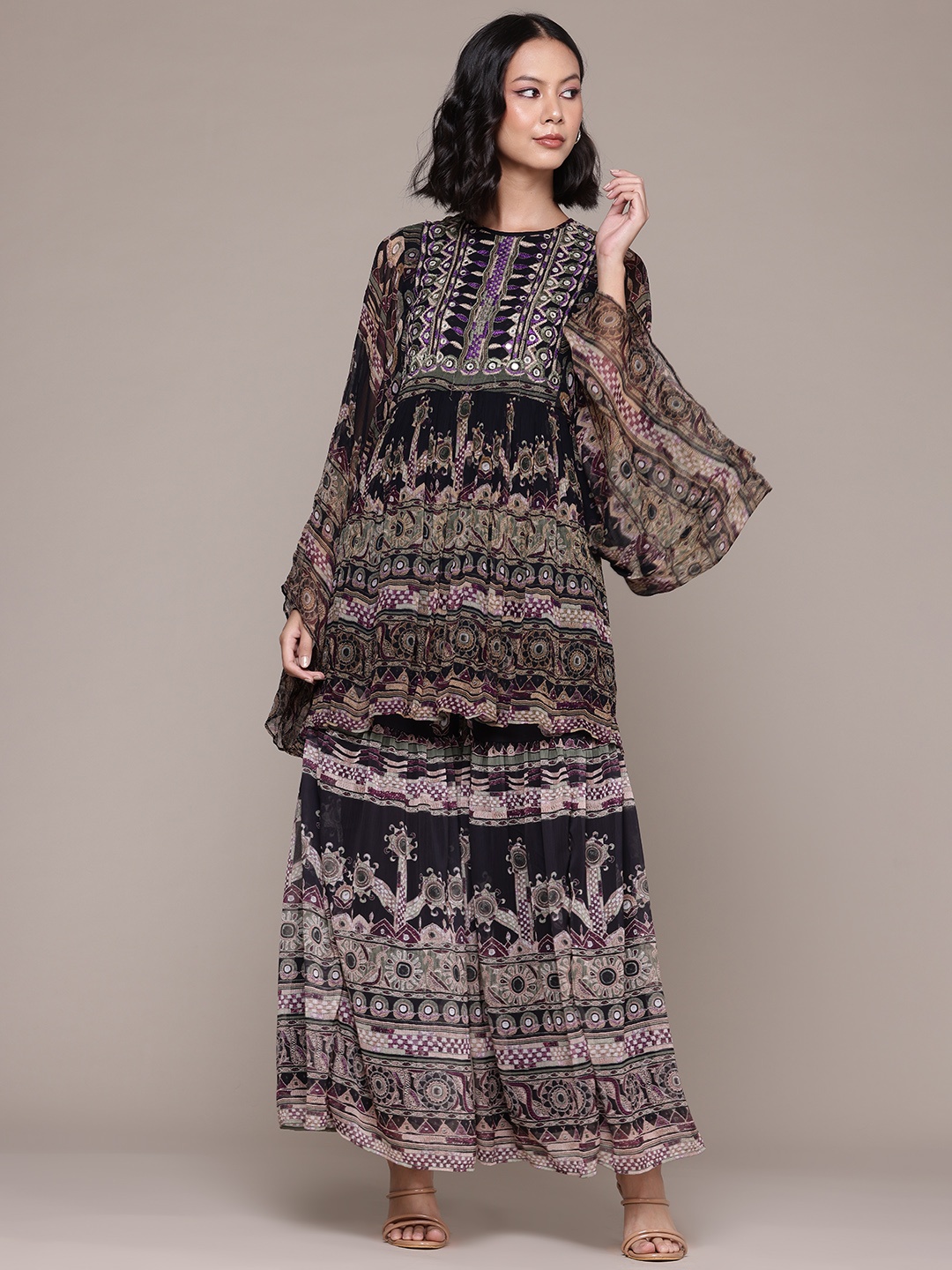 

aarke Ritu Kumar Ethnic Motifs Printed Pleated Mirror Work Kurti with Sharara, Black