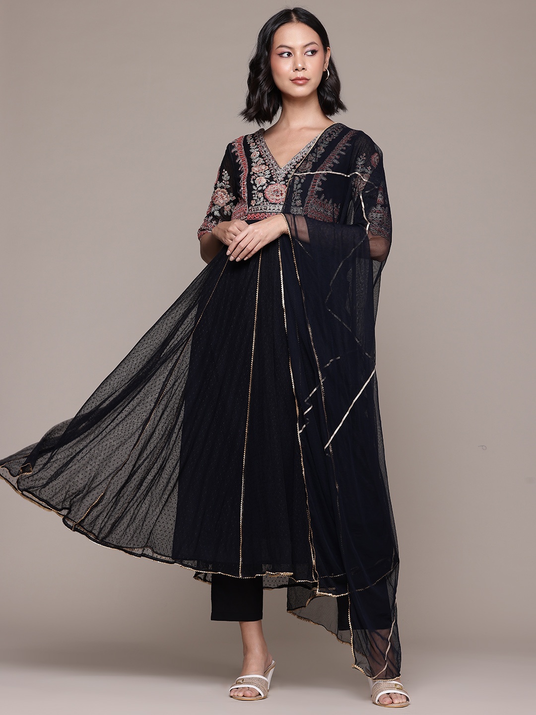 

aarke Ritu Kumar Floral Embroidered Empire Anarkali Mirror Work Kurta Set, Black