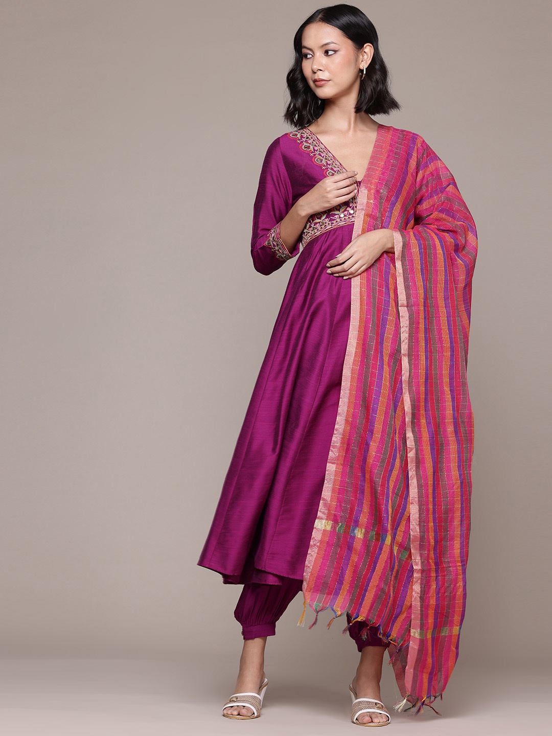 

aarke Ritu Kumar Embroidered Empire Mirror Work Kurta With Trousers & Dupatta, Purple