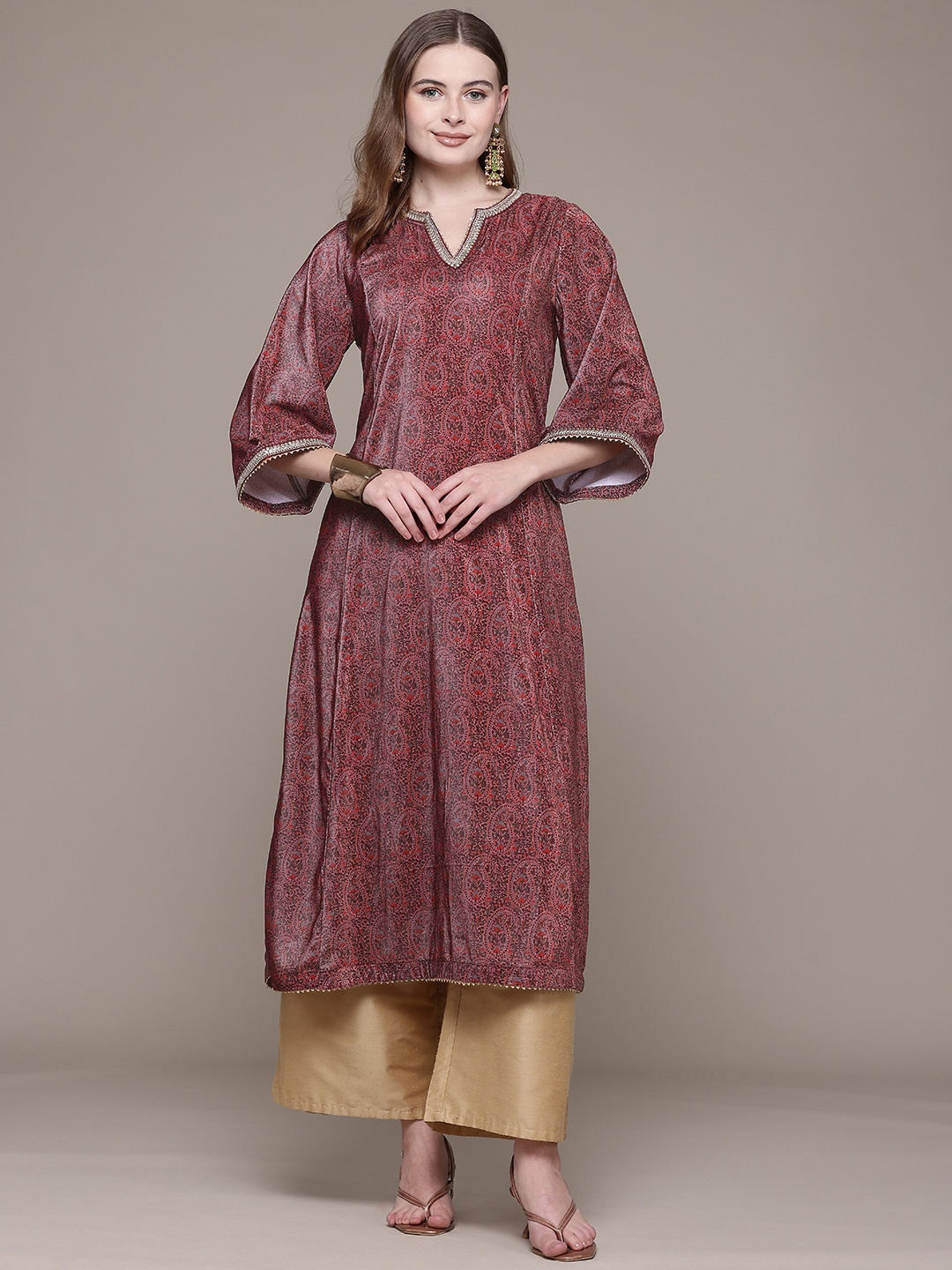 

aarke Ritu Kumar Paisley Printed Flared Sleeves Sequinned Velvet Kurta, Pink