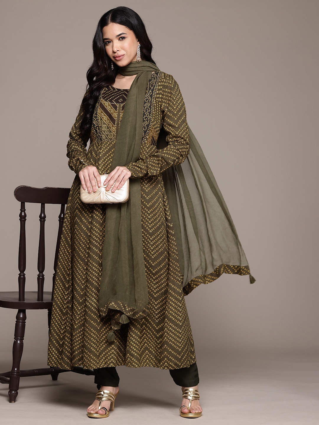 

aarke Ritu Kumar Bandhani Printed Gotta Patti Kurta with Trousers & With Dupatta, Olive