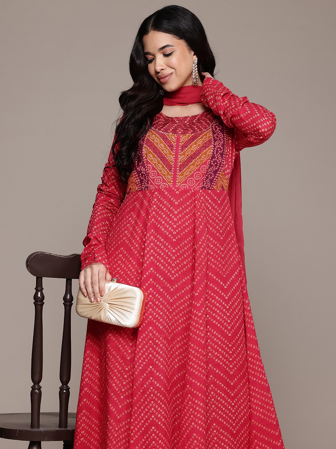 

aarke Ritu Kumar Bandhani Printed Gotta Patti Kurta with Trousers & With Dupatta, Red