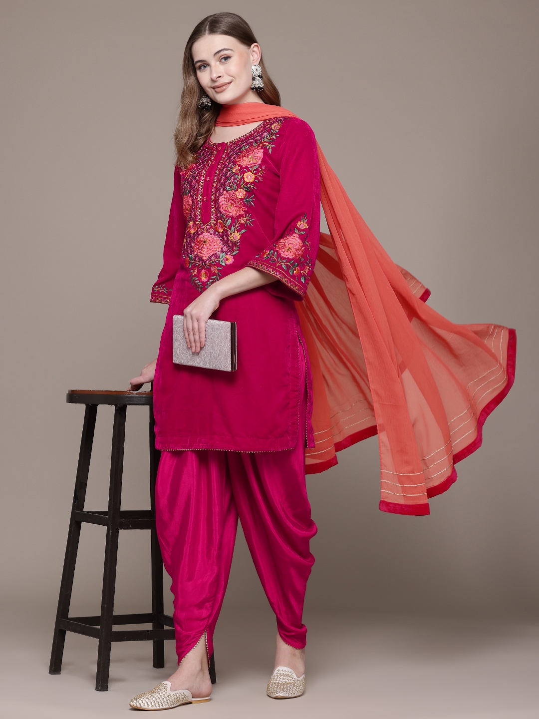 

aarke Ritu Kumar Floral Embroidered Thread Work Velvet Kurti with Salwar & With Dupatta, Pink