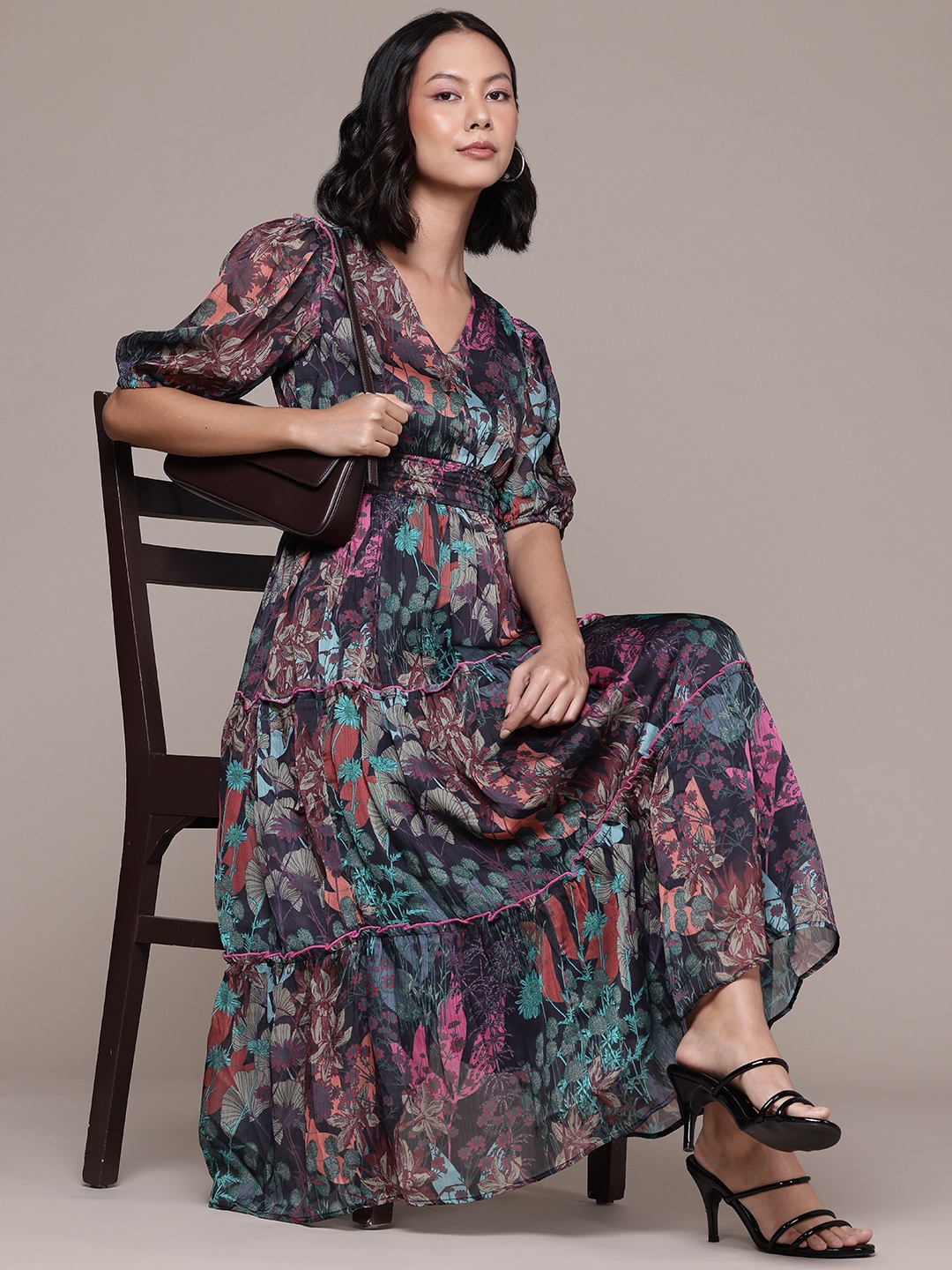 

aarke Ritu Kumar Floral Printed Cinched Waist Chiffon Fit & Flare Midi Dress, Black