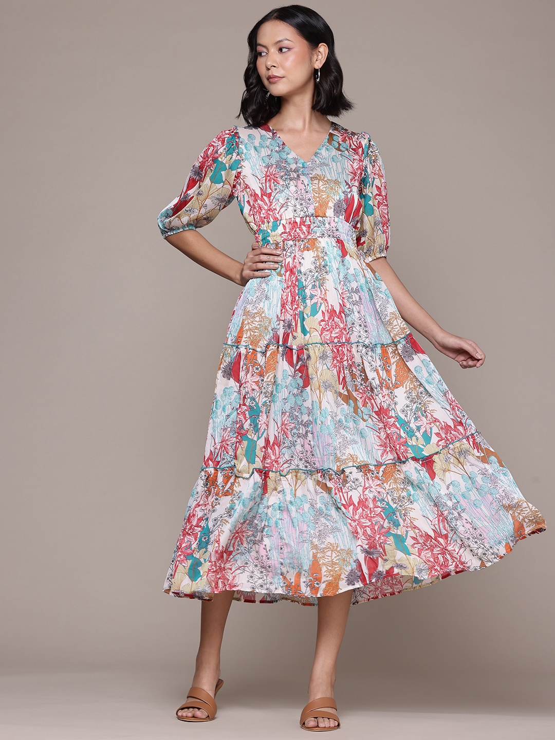 

aarke Ritu Kumar Floral Printed Chiffon Fit & Flare Midi Dress, Off white