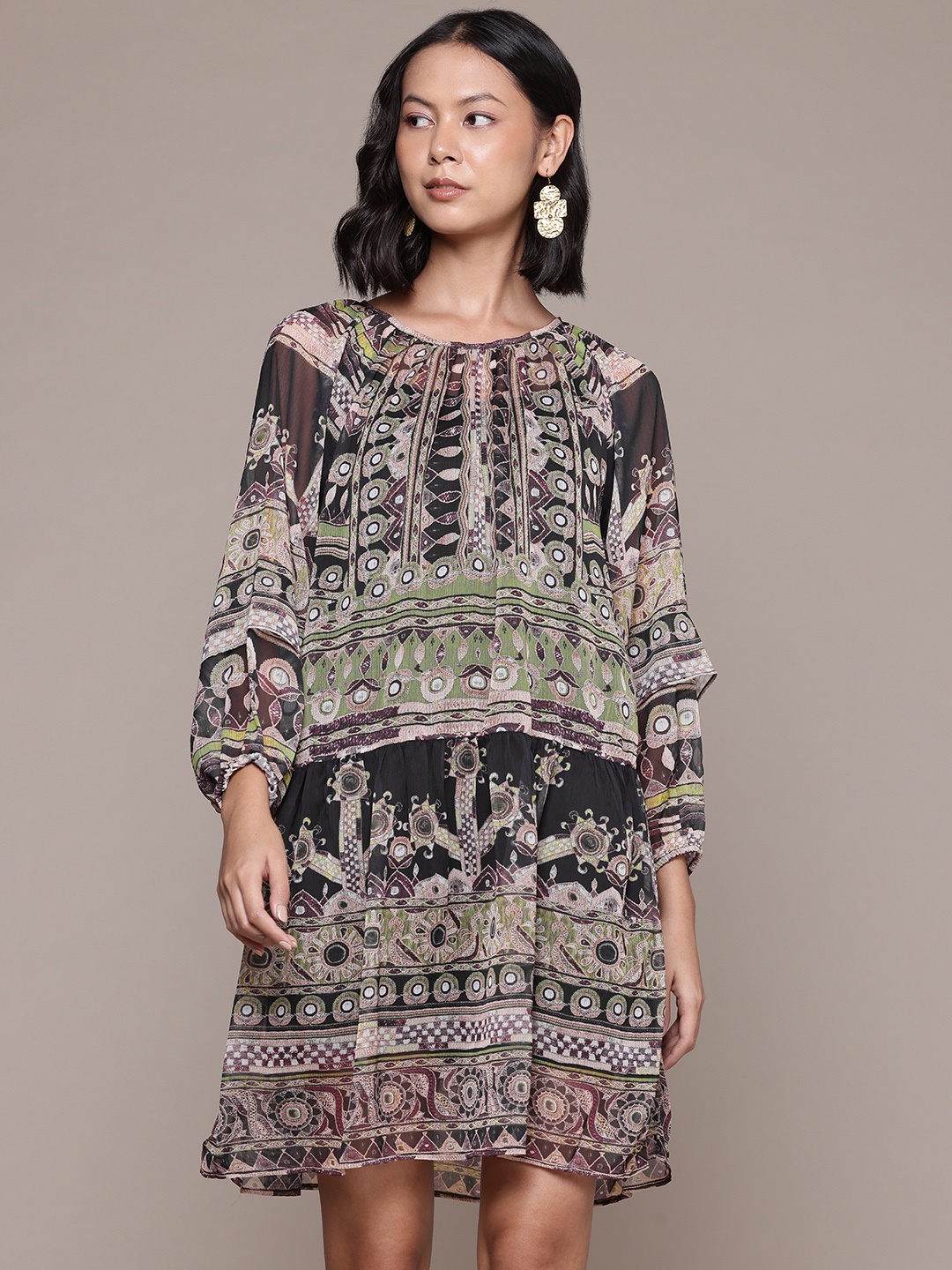 

aarke Ritu Kumar Tribal Print Raglan Sleeve Chiffon A-Line Dress, Black