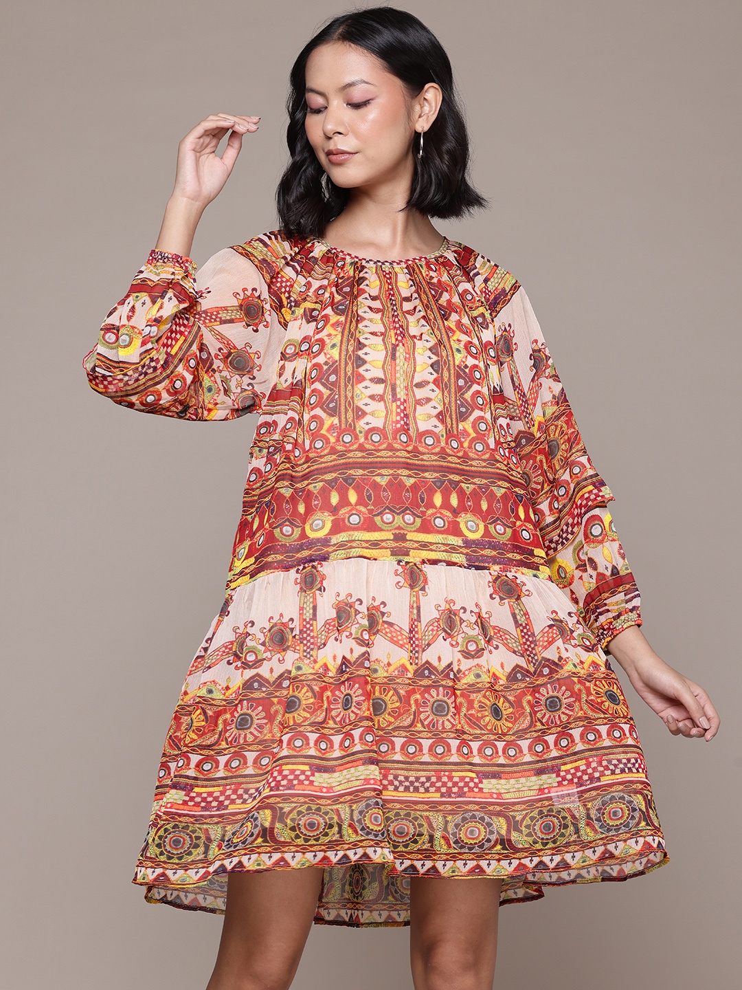 

aarke Ritu Kumar Tribal Printed Raglan Sleeve Chiffon A-Line Dress, Off white