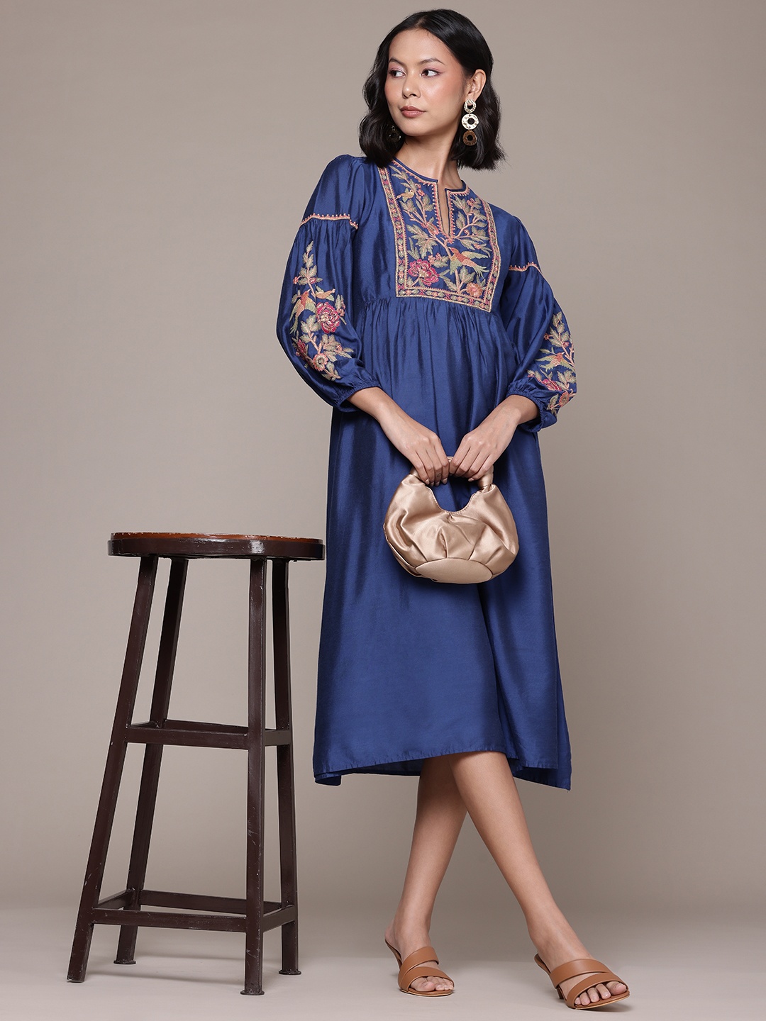 

aarke Ritu Kumar Floral Embroidered Puff Sleeve A-Line Midi Dress, Blue