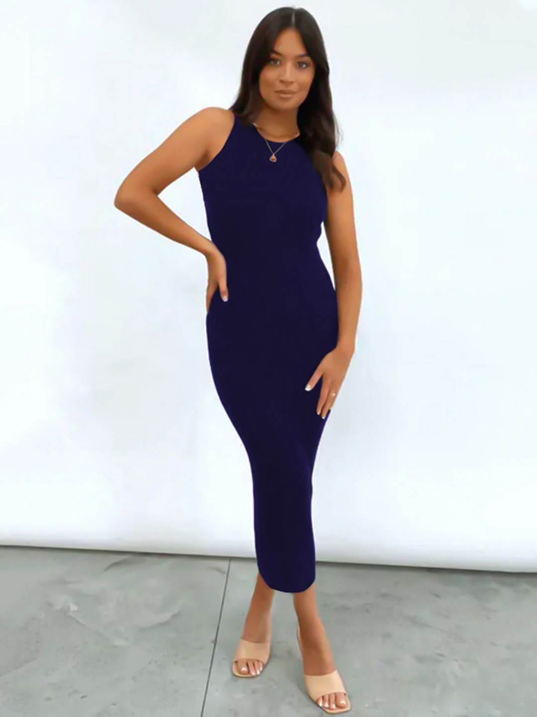 

TOOCHKI Women Boat Neck Solid Sleeveless Cut Out Design Midi Bodycon Dress, Blue