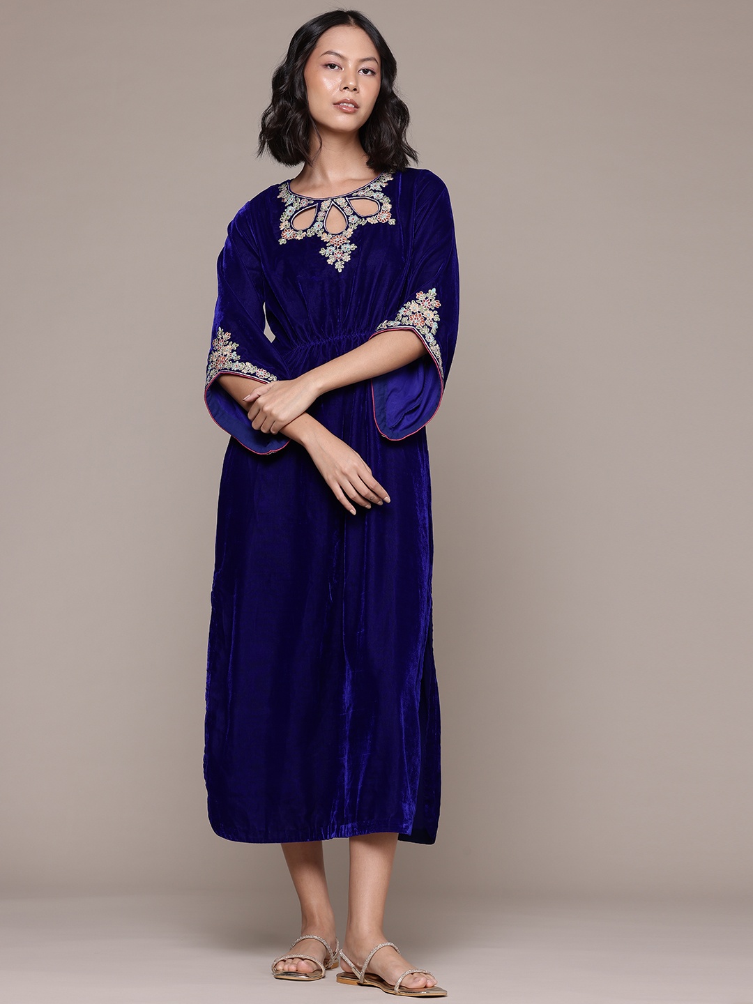 

aarke Ritu Kumar Floral Embroidered Flared Sleeves Velvet A-Line Midi Dress, Navy blue