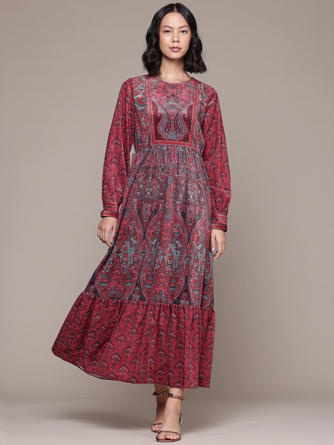 

aarke Ritu Kumar Ethnic Motifs Print Velvet Fit & Flare Maxi Dress, Pink