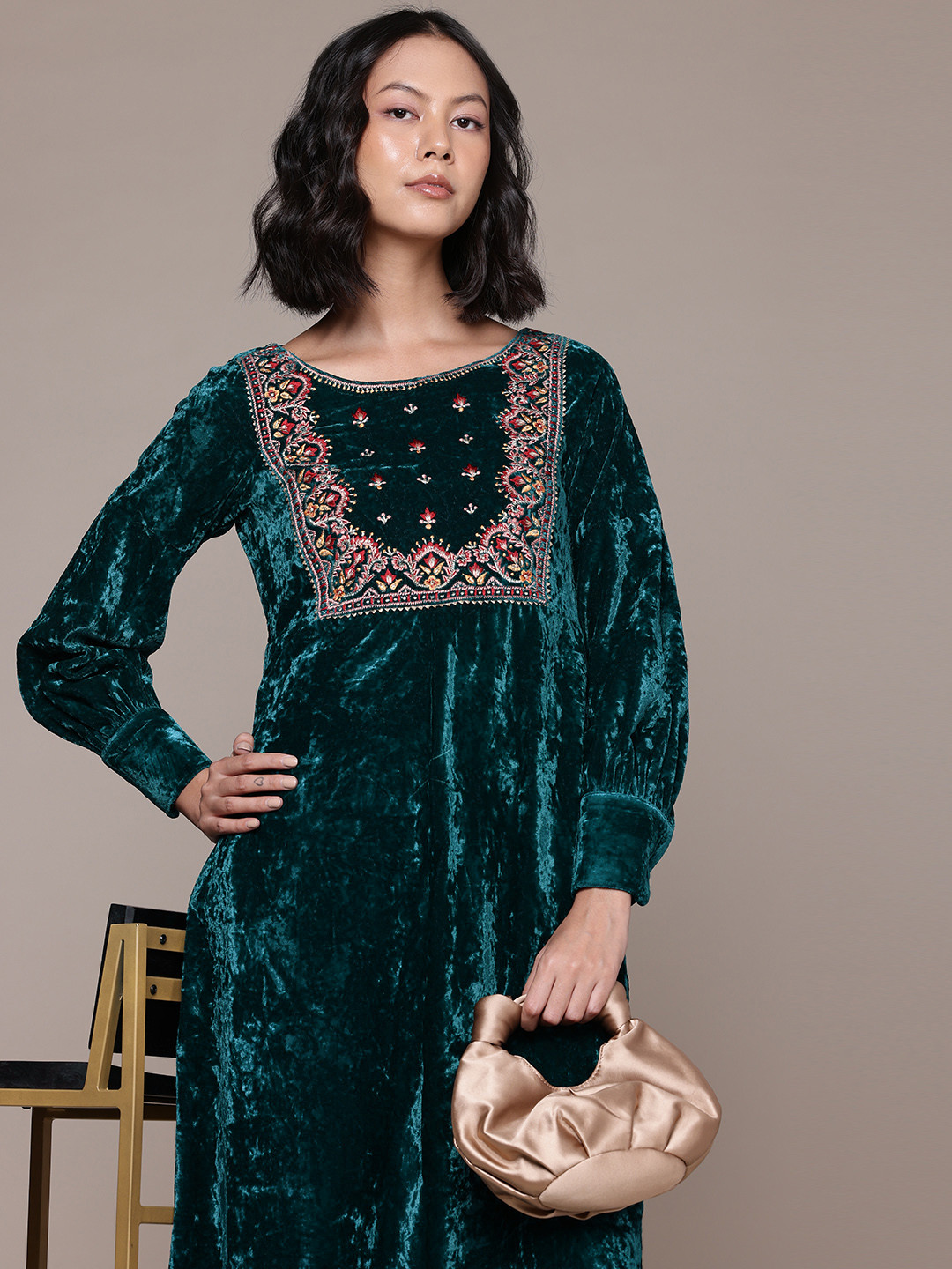 

aarke Ritu Kumar Embellished Embroidered Velvet A-Line Midi Dress, Teal