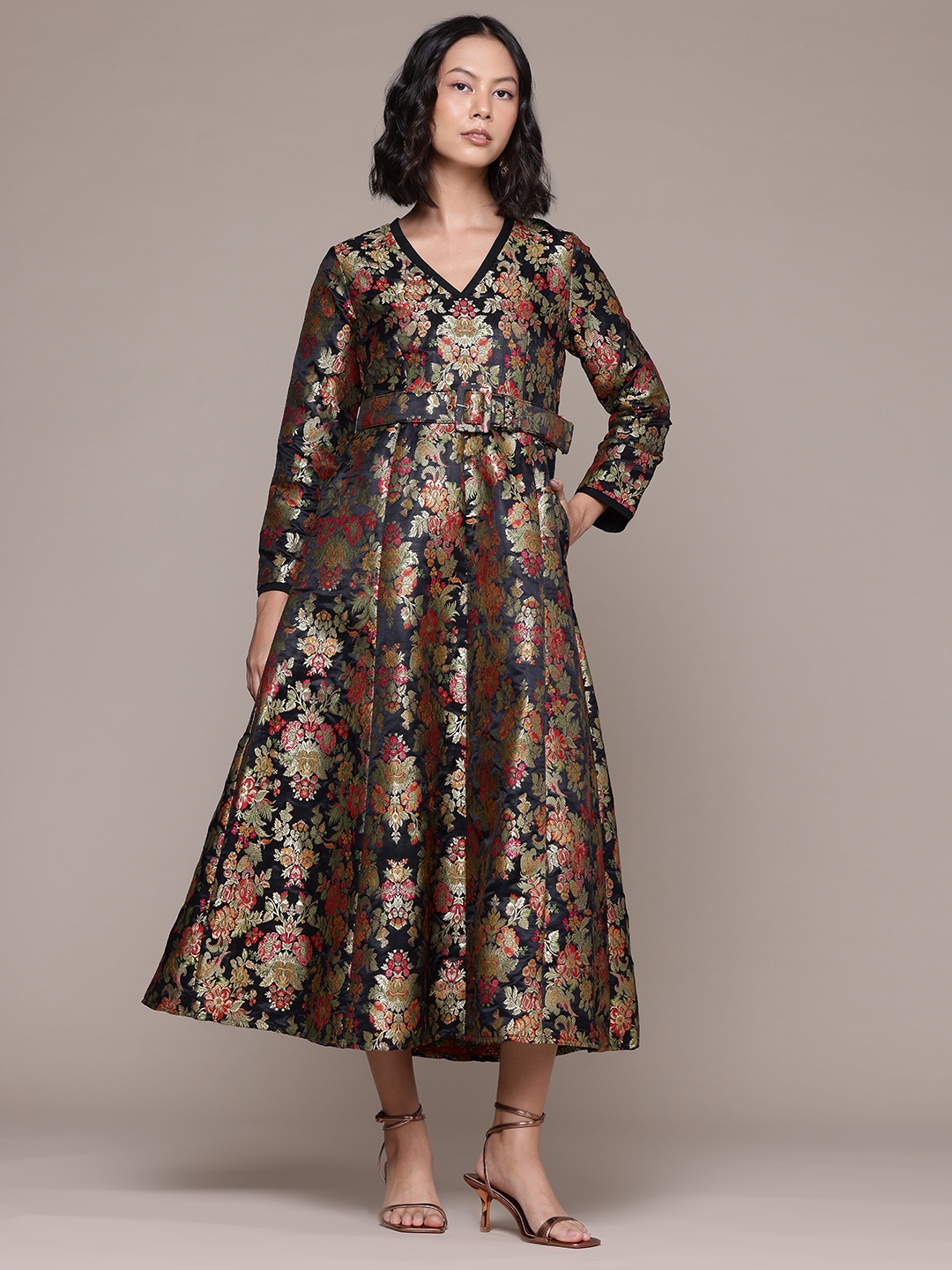 

aarke Ritu Kumar Ethnic Motifs Woven Brocade Fit & Flare Midi Dress, Black