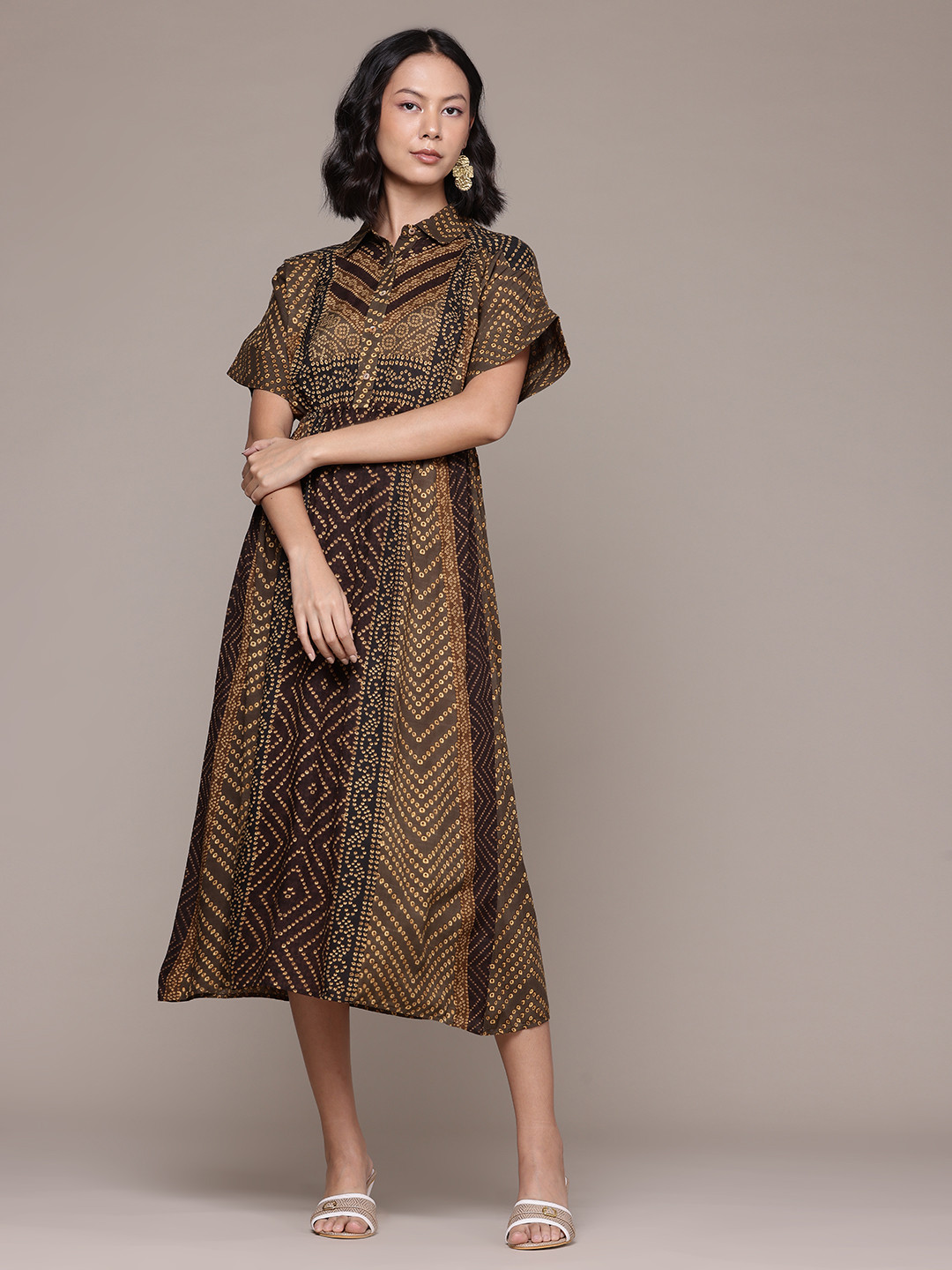 

aarke Ritu Kumar Bandhani Printed A-Line Midi Dress, Green
