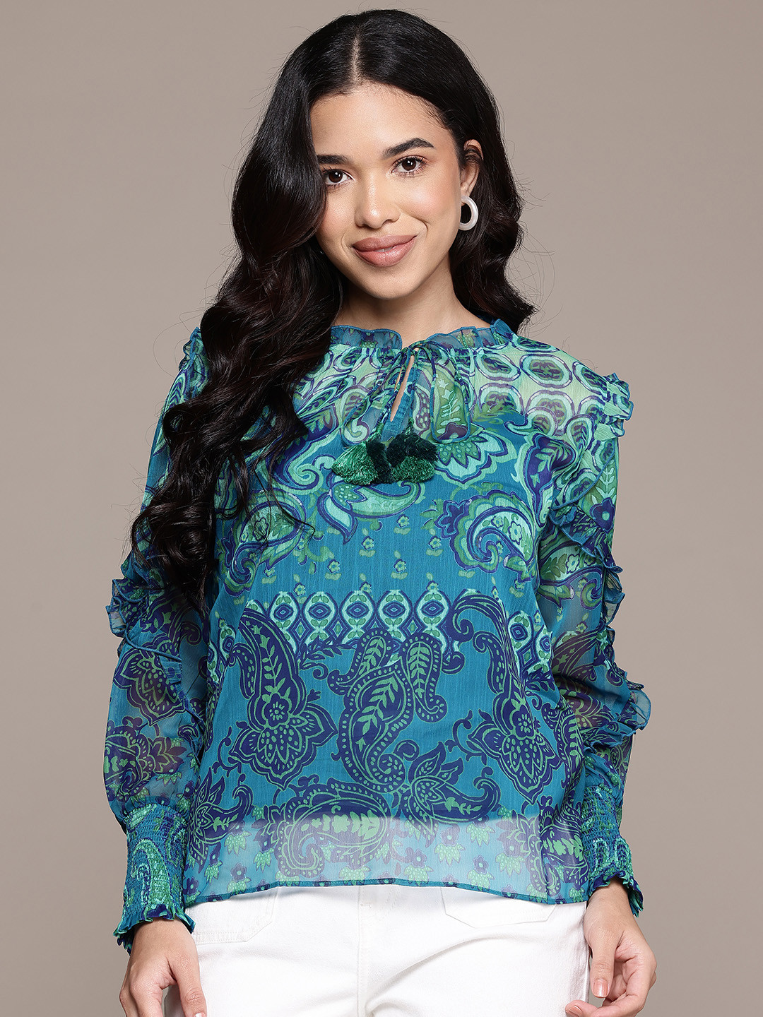 

aarke Ritu Kumar Paisley Printed Chiffon Top, Blue