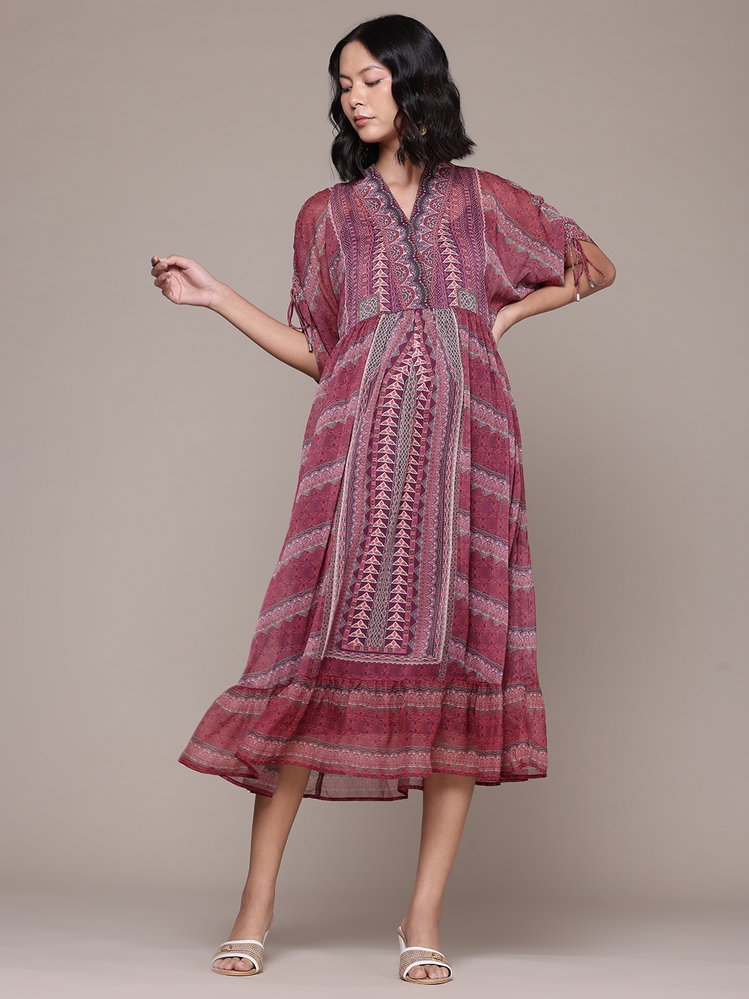 

aarke Ritu Kumar Printed Kimono Sleeve Chiffon Fit & Flare Midi Dress, Purple