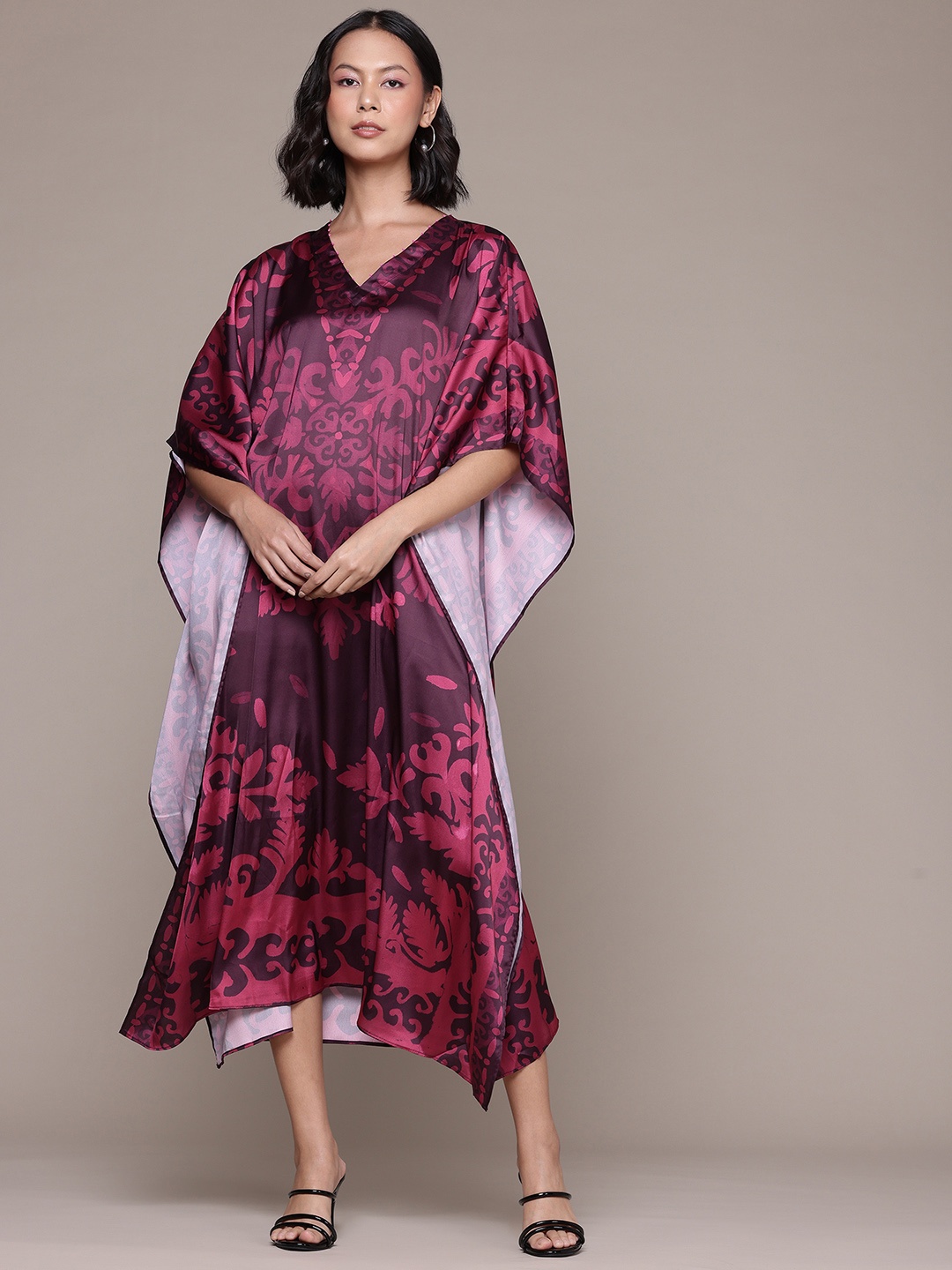 

aarke Ritu Kumar Floral Print Satin Kaftan Midi Dress, Purple