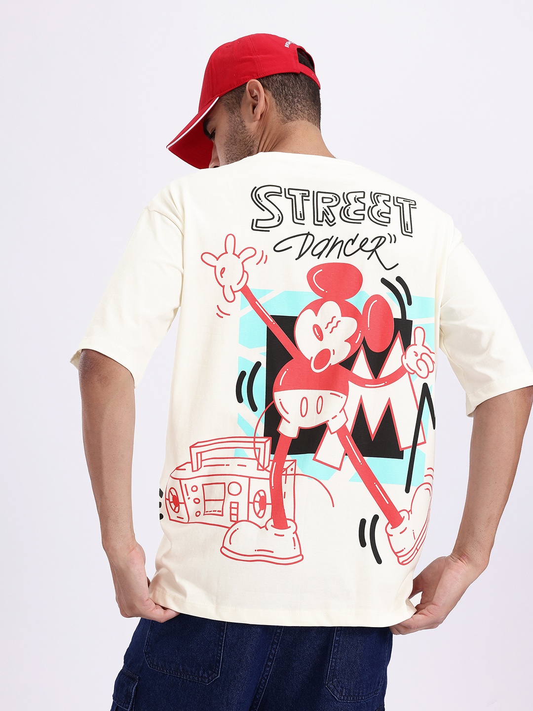 

Kook N Keech Disney Men Mickey Mouse Printed Pure Cotton Oversized T-shirt, Cream