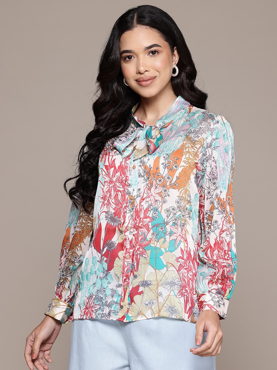 

aarke Ritu Kumar Floral Semi Sheer Printed Formal Shirt, Off white