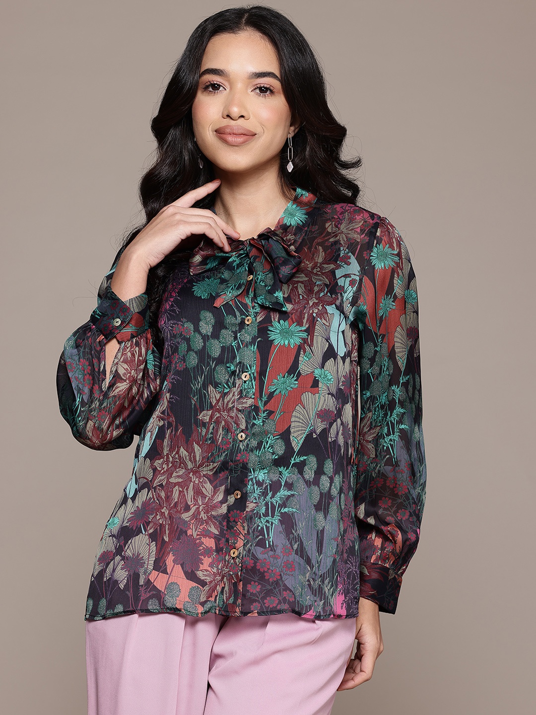 

aarke Ritu Kumar Floral Semi Sheer Printed Formal Shirt, Black