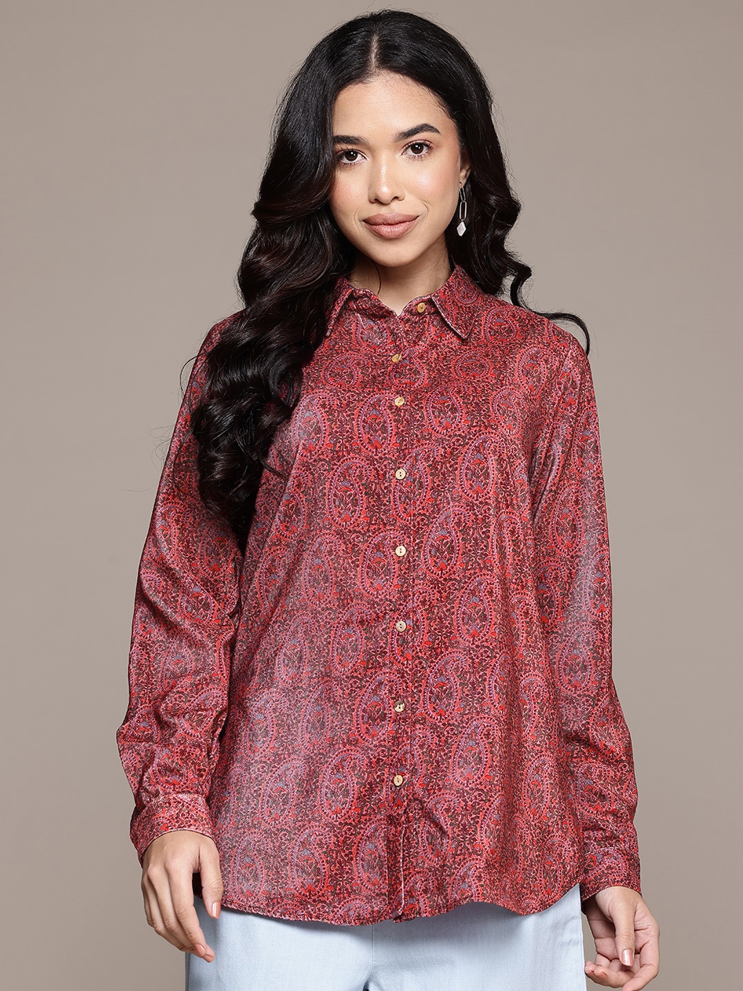

aarke Ritu Kumar Paisley Printed Velvet Formal Shirt, Pink