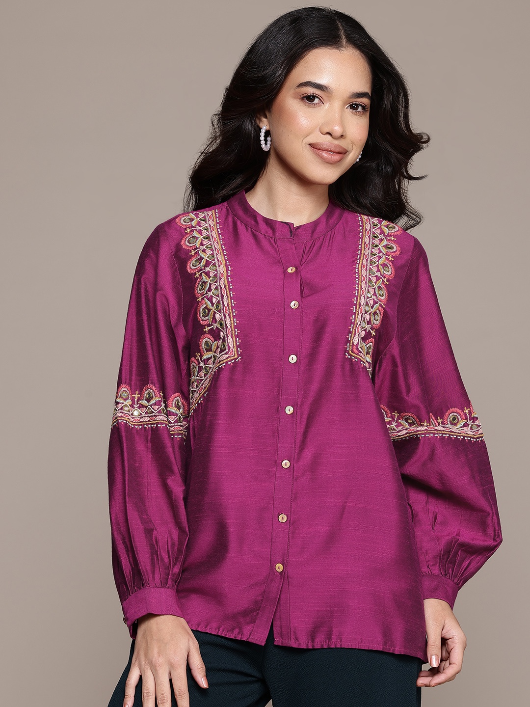 

aarke Ritu Kumar Solid Party Shirt with Embroidered Detail, Purple