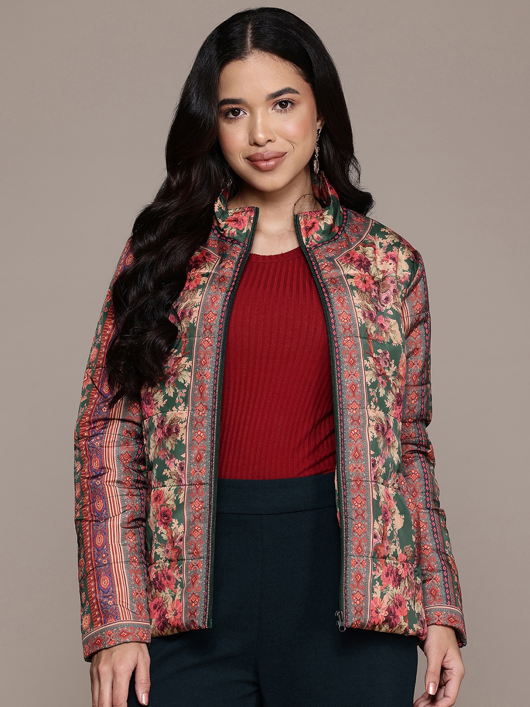 

aarke Ritu Kumar Floral Printed Puffer Jacket, Green