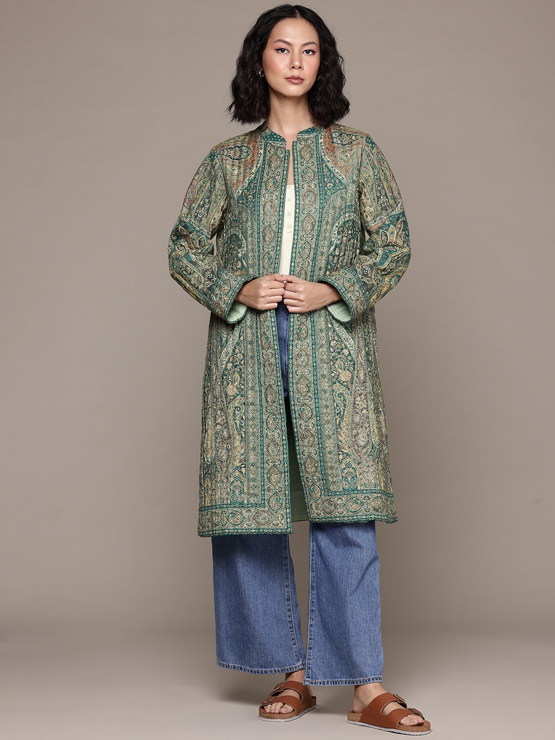 

aarke Ritu Kumar Ethnic Motifs Woven Design Overcoat, Green