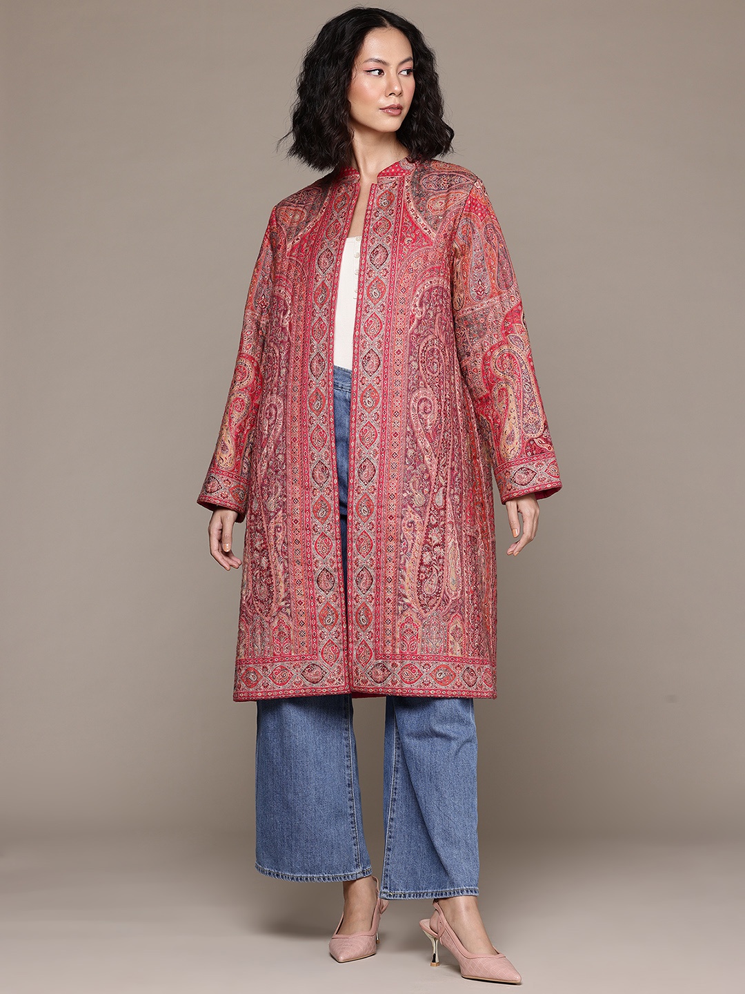 

aarke Ritu Kumar Ethnic Motifs Woven Design Overcoat, Pink