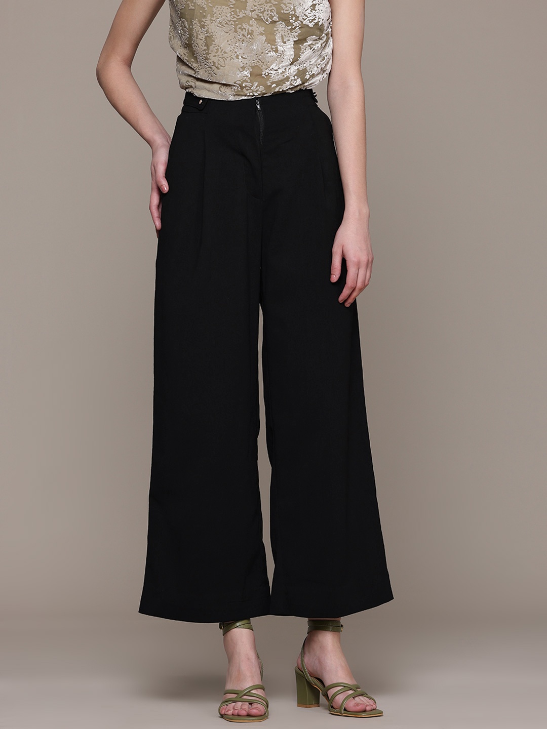 

Label Ritu Kumar Women Flared Pleated Trousers, Black
