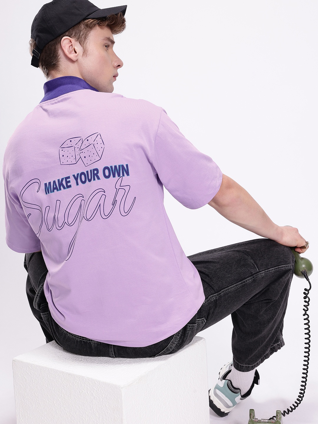 

Kook N Keech Printed Polo Collar Drop-Shoulder Sleeves Oversized Pure Cotton T-shirt, Lavender