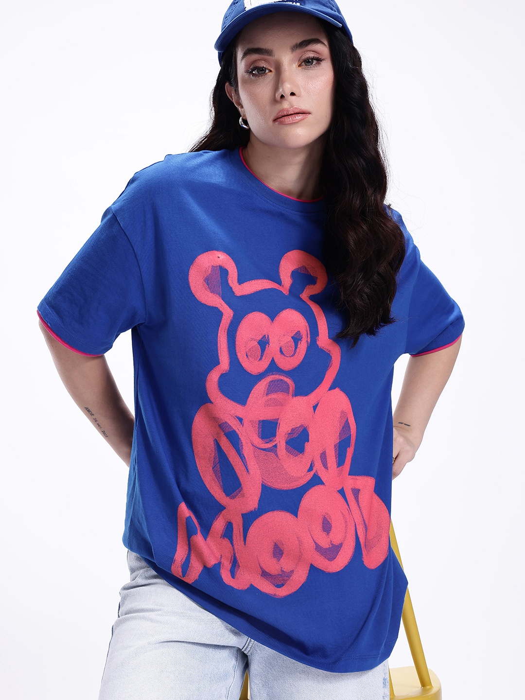 

Kook N Keech Printed Drop-Shoulder Sleeves Pure Cotton Oversized T-shirt, Blue