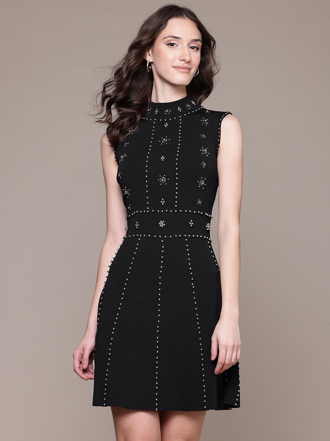 

Label Ritu Kumar Embellished Knitted A-Line Mini Dress, Black