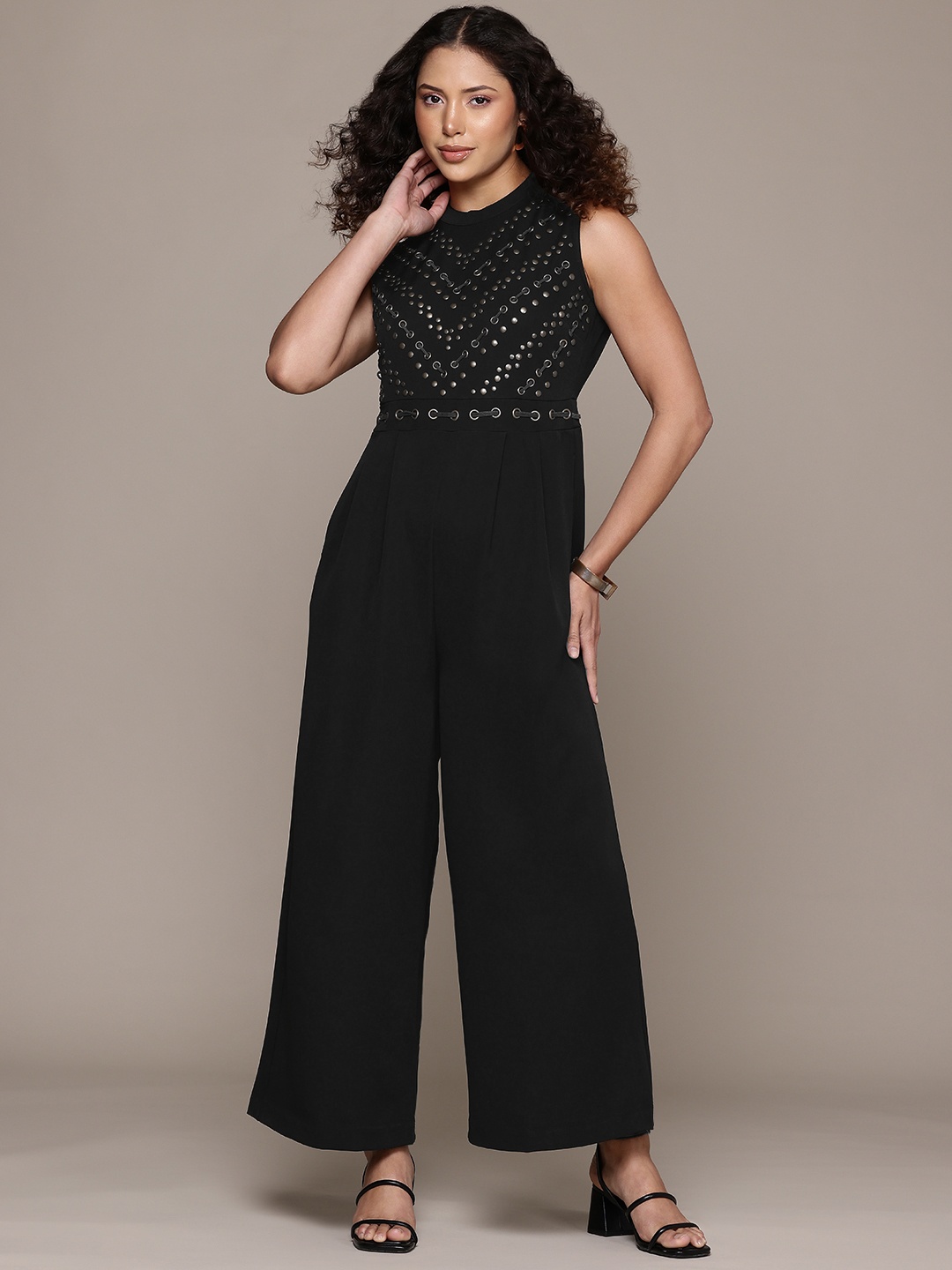 

Label Ritu Kumar Paulina Jumpsuit with Lace Inserts, Black