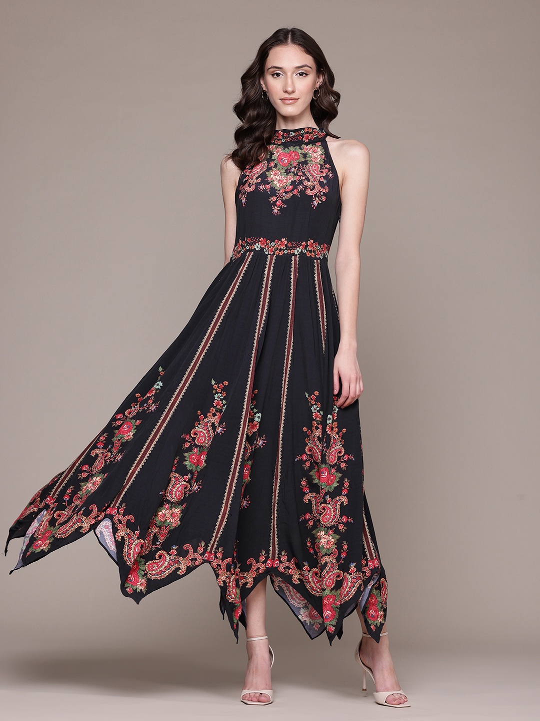 

Label Ritu Kumar Floral Print Halter Neck Crepe Fit & Flare Maxi Dress, Black