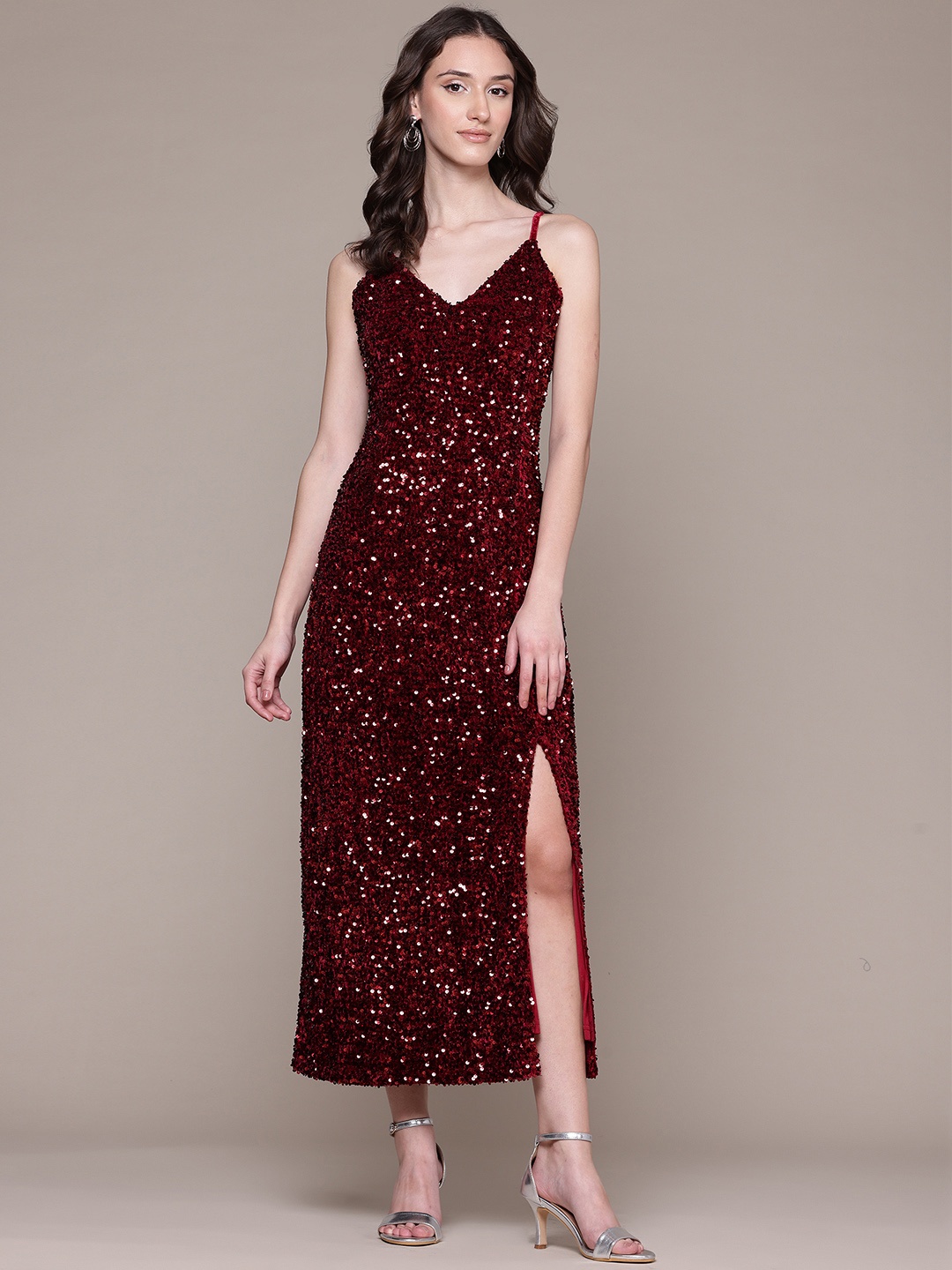 

Label Ritu Kumar Mermaid Sequins Embellished Sheath Maxi Dress with Slit, Maroon