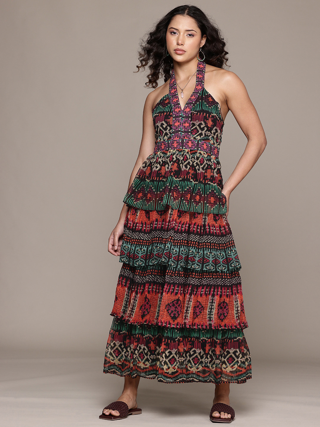 

Label Ritu Kumar Ethnic Motifs Print Halter Neck Layered Chiffon Maxi Dress, Multi