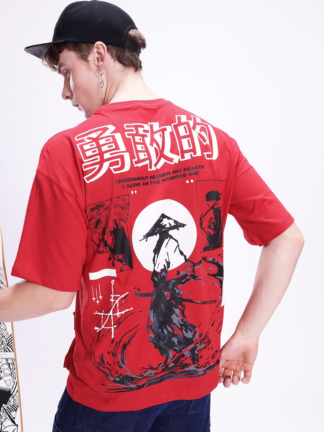 

Kook N Keech Anime Printed Drop-Shoulder Sleeves Pure Cotton Oversized T-shirt, Red