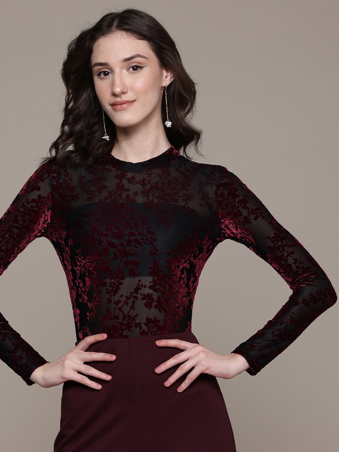 

Label Ritu Kumar Floral Embossed Semi Sheer Bodysuit, Burgundy