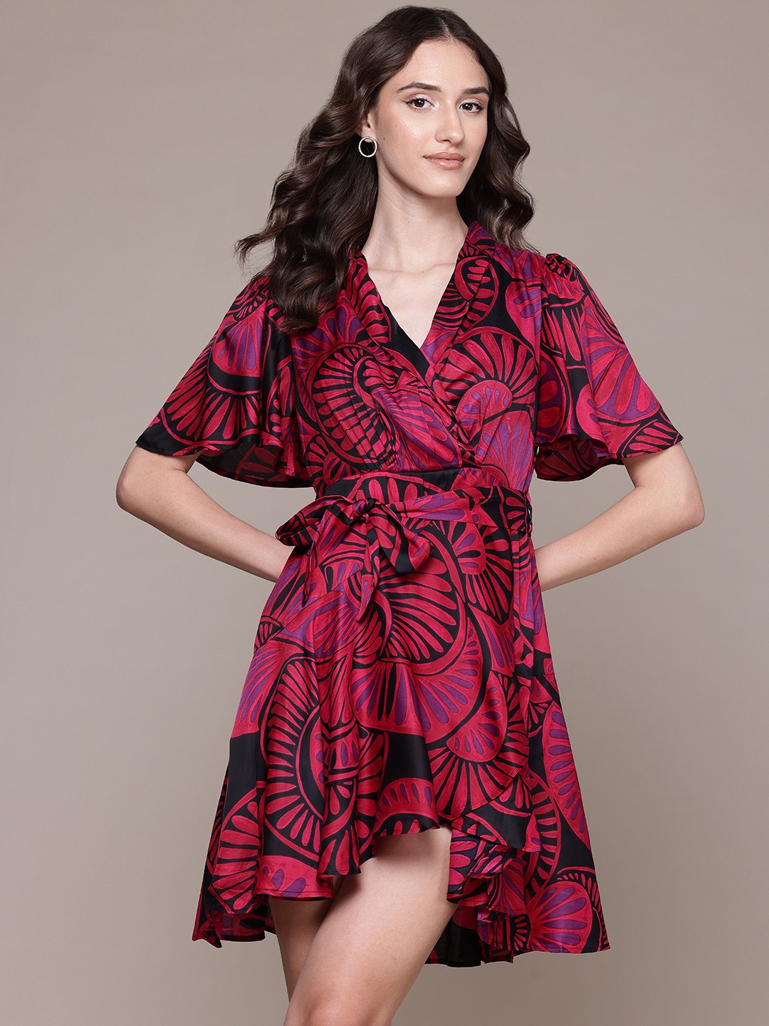 

Label Ritu Kumar Print Flared Sleeves Satin Mini Dress with Tie-Up Detail, Pink