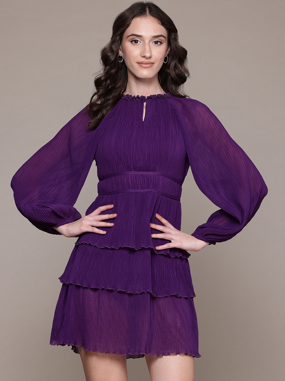 

Label Ritu Kumar Keyhole Neck Bishop Sleeves Layered Chiffon Fit & Flare Dress, Purple