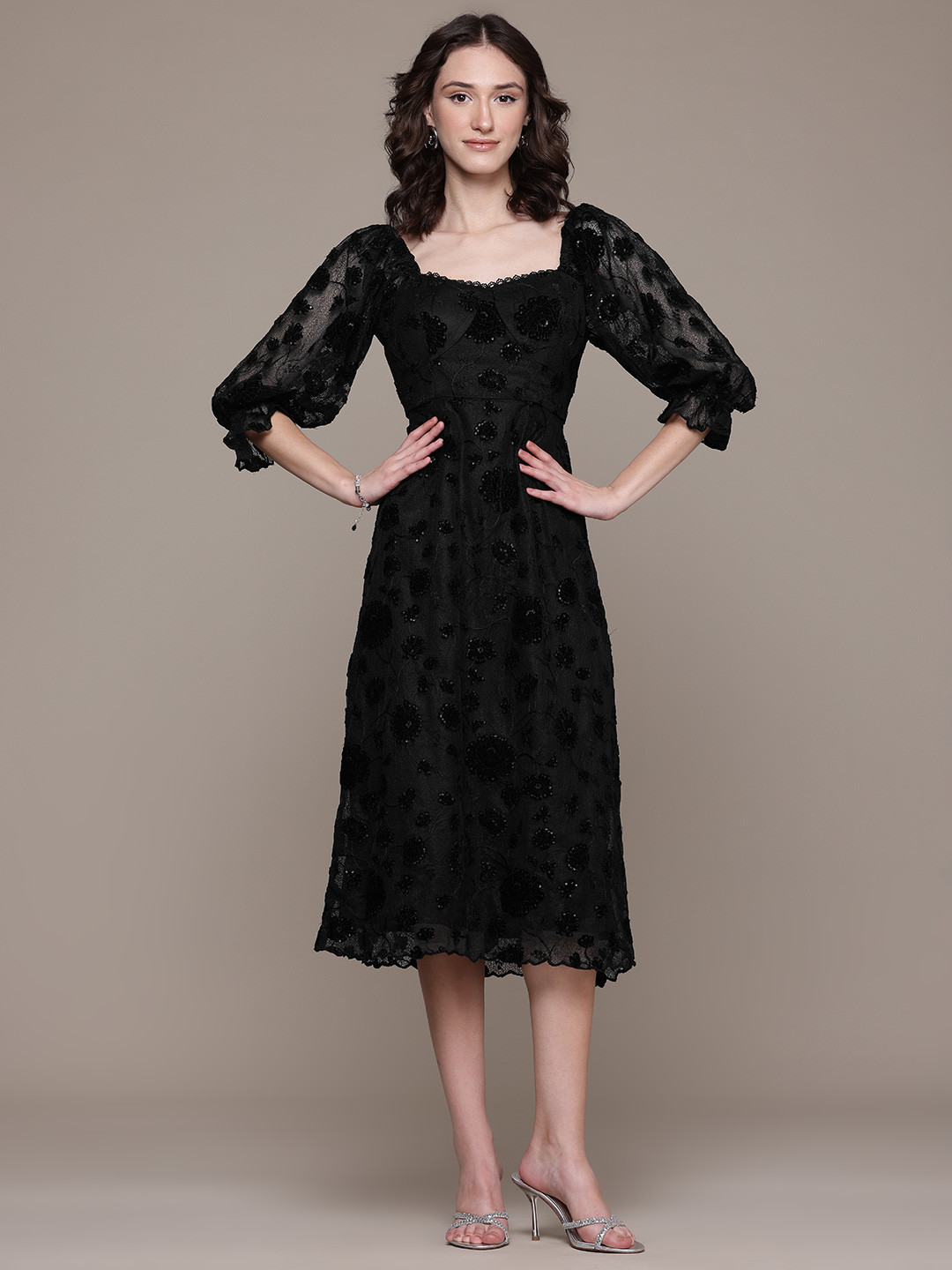 

Label Ritu Kumar Floral Embroidered Puff Sleeve A-Line Midi Dress, Black