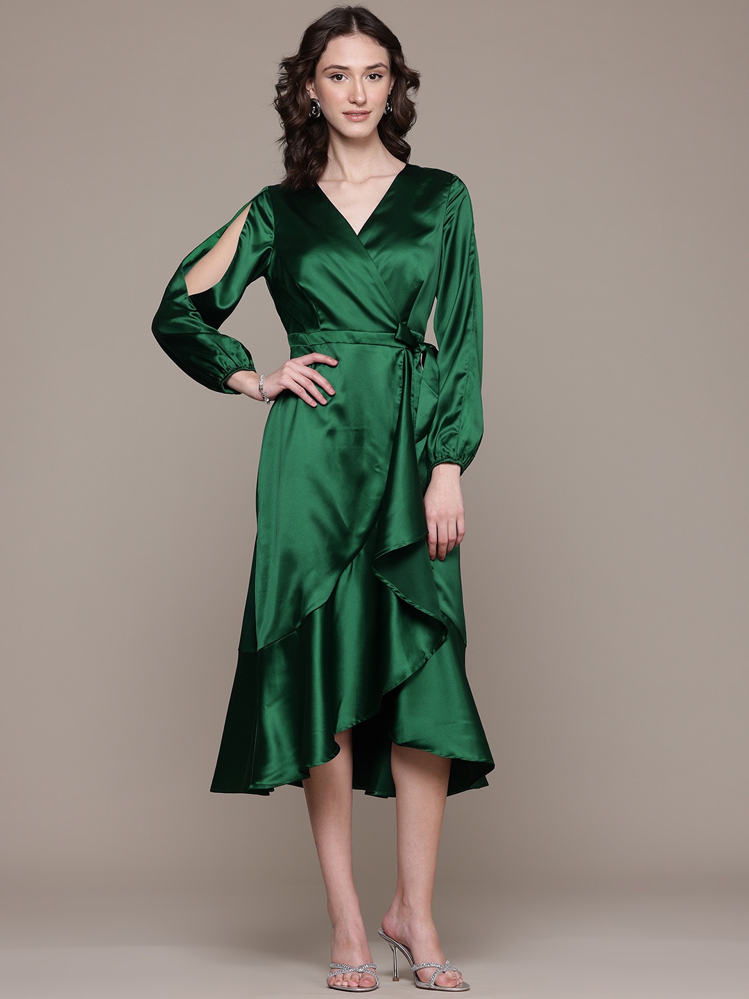 

Label Ritu Kumar Slit Sleeve Satin Midi Wrap Dress, Green