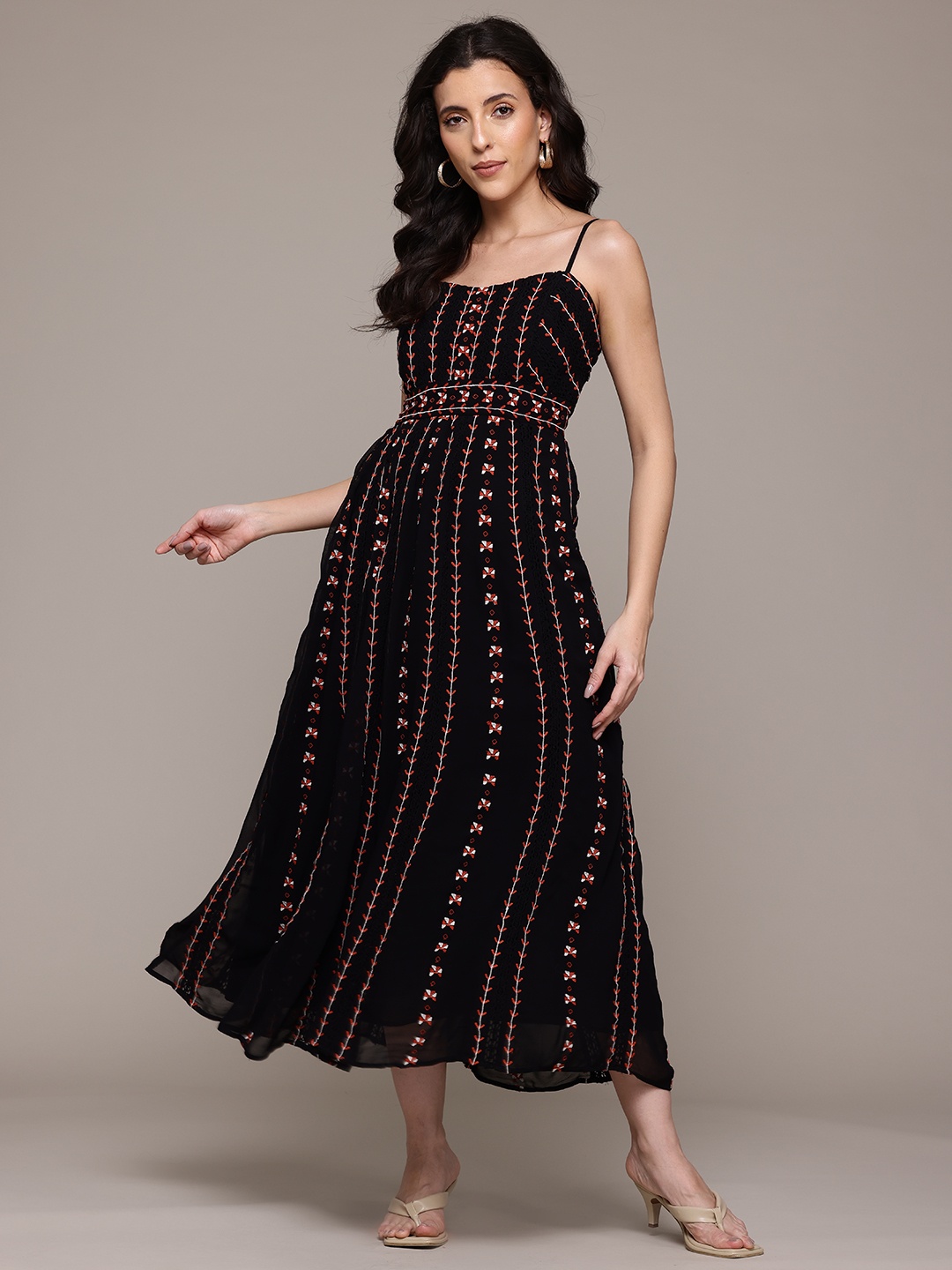 

Label Ritu Kumar Embroidered Sweetheart Neck Georgette Fit & Flare Midi Dress, Black