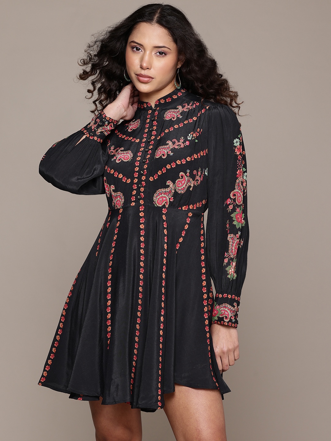 

Label Ritu Kumar Ethnic Motifs Print Crepe A-Line Dress, Black