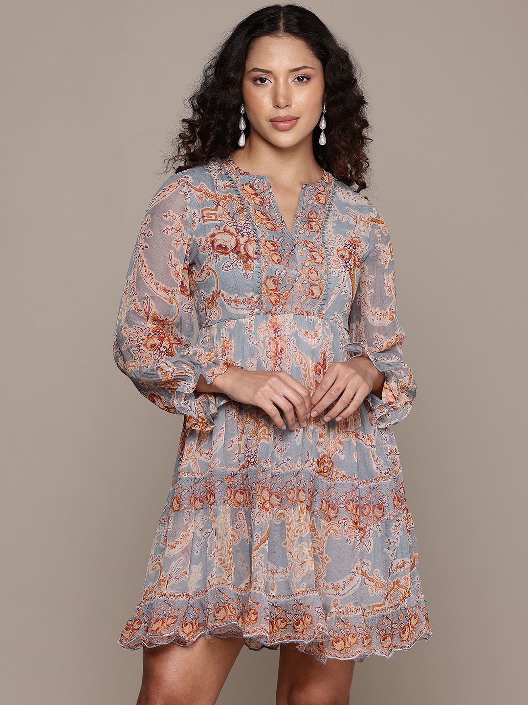 

Label Ritu Kumar Ethnic Motifs Print Puff Sleeve Chiffon Arden Skater A-Line Dress, Blue