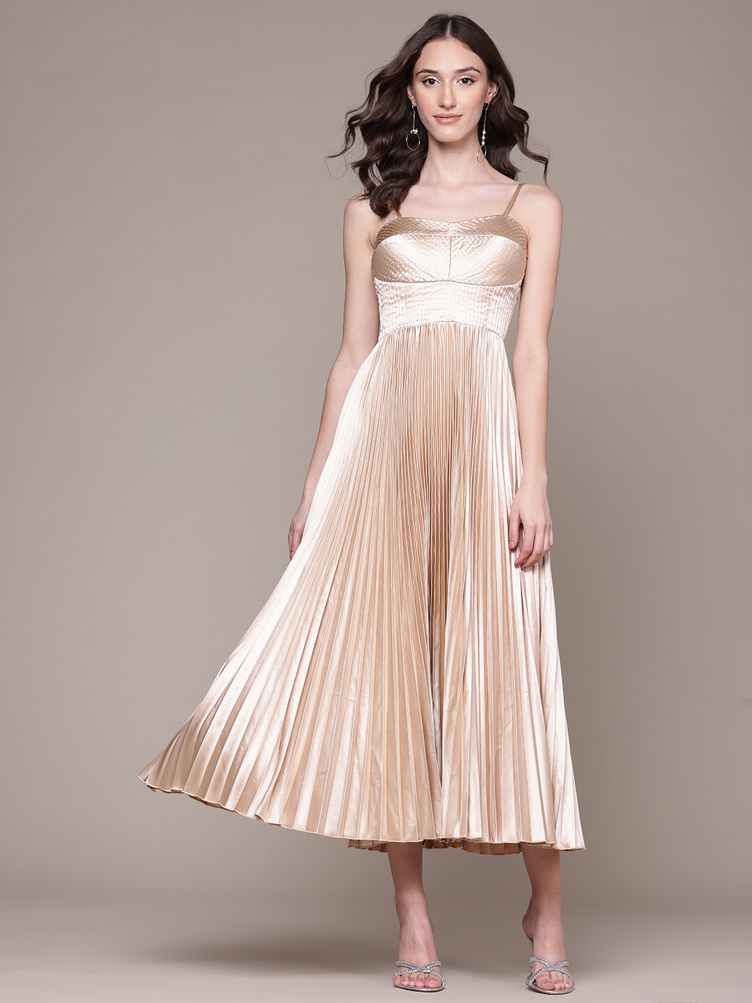 

Label Ritu Kumar Satin Accordion Pleats Fit & Flare Midi Dress, Metallic