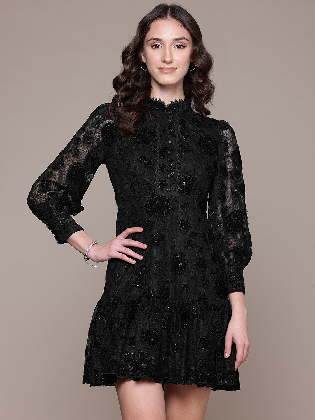 

Label Ritu Kumar Floral Embroidered Bishop Sleeve A-Line Mini Dress, Black