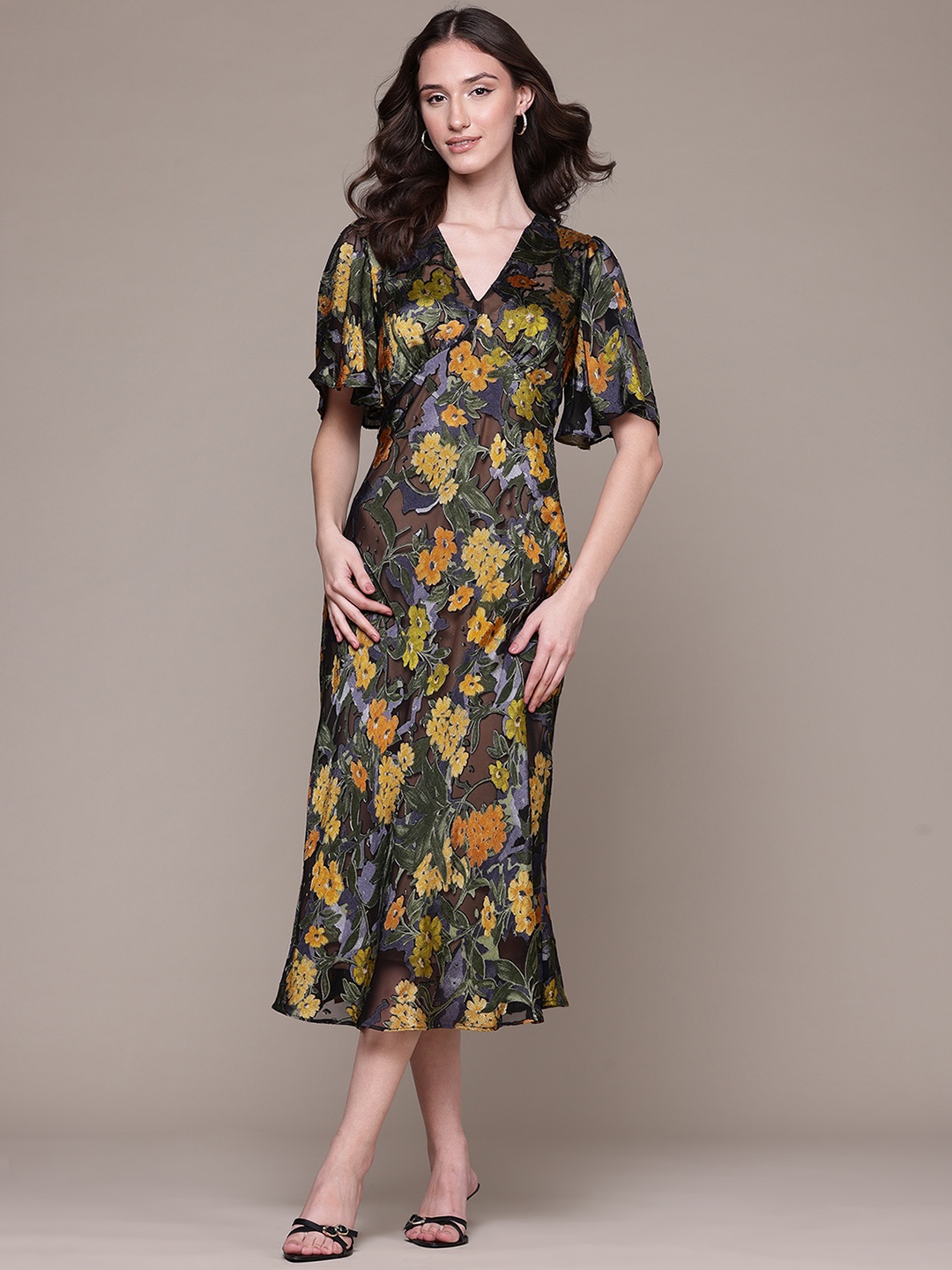 

Label Ritu Kumar Floral Printed Flared Sleeve Satin Empire Midi Dress, Black