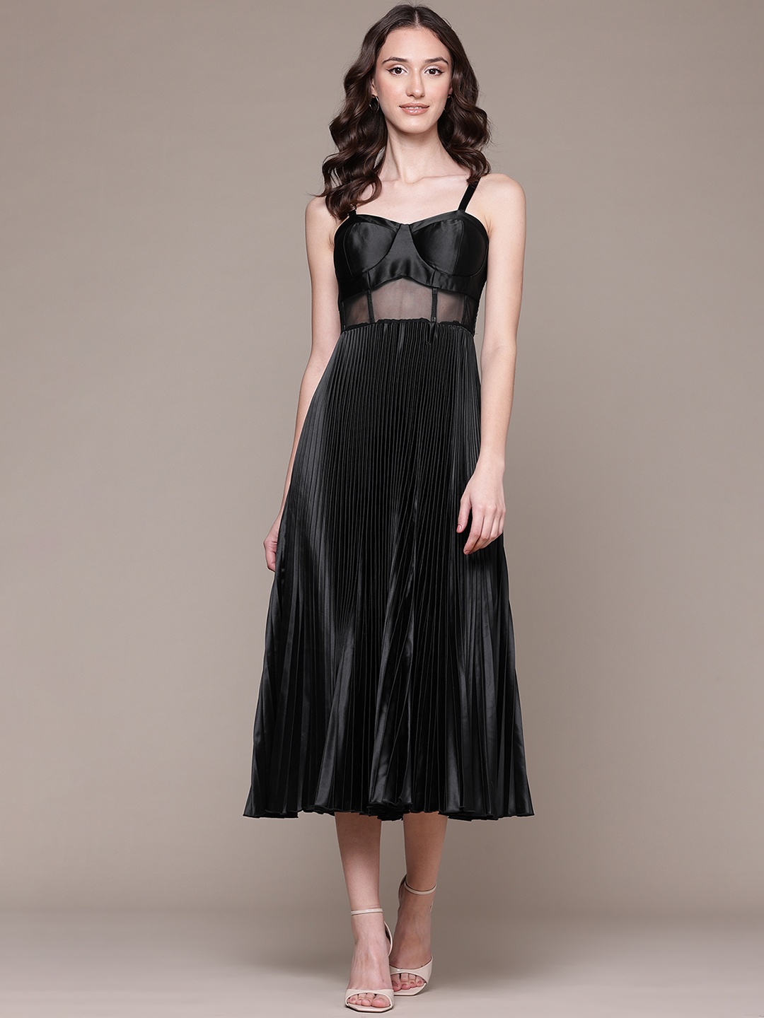 

Label Ritu Kumar Spaghetti Strap Accordion Satin Fit & Flare Midi Dress, Black